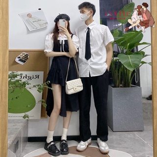 【COUPLE】❤❤2022夏季不規則短袖襯衫二件套連衣裙男純白領帶襯衣情侶裝
