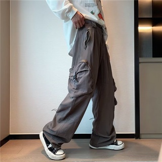 【S-3XL】美式復古街頭嘻哈灰色工裝褲男士高街設計感直筒闊腿休閒褲子