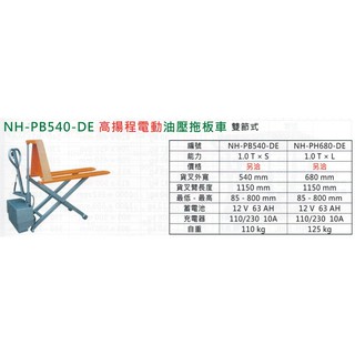高揚程雙節式電動油壓拖板車 雙層電動油壓拖板車 NH-PB540-DE/NH-PH680-DE 價格請來電或留言洽詢