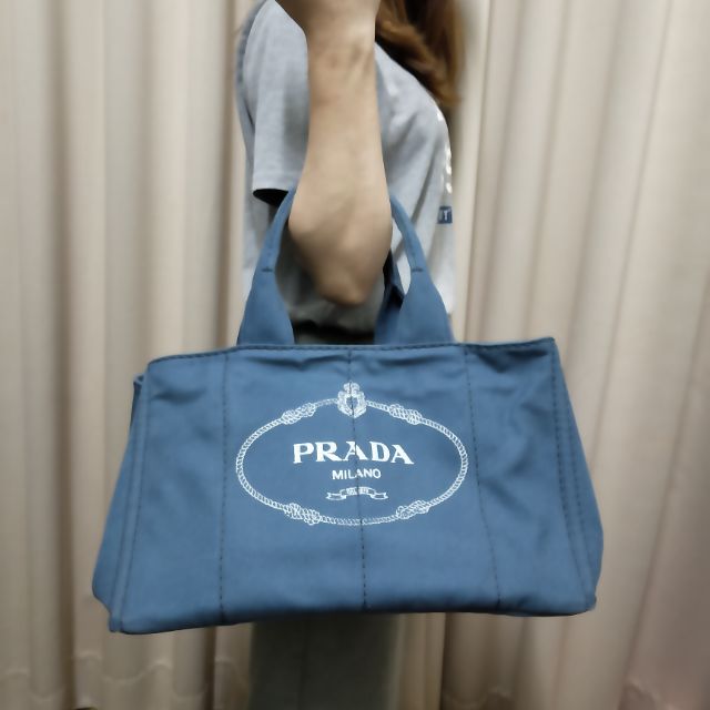 二手【9成新】PRADA 經典復古大LOGO牛仔布手提兩用包.深藍