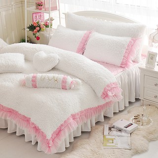 法蘭絨 冬日 白色 蕾絲床罩 標準雙人 加大床罩 有含隱藏式床包 可包覆床墊 刷毛 絨布