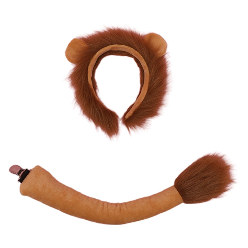 Flgo 人造毛皮動物頭帶毛茸茸的獅子耳朵頭飾尾巴套裝卡哇伊髮箍適用於萬聖節角色扮演派對用品