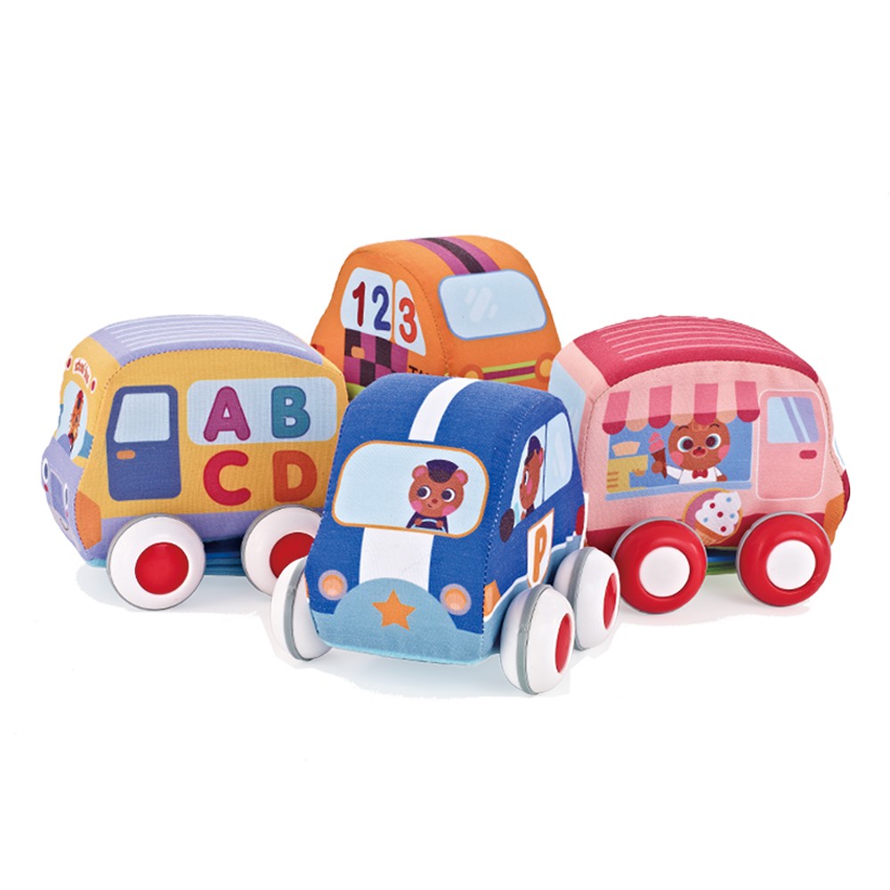 可拆洗安全柔軟迴力布車 兒童禮物男女孩玩具3-10歲玩具 安撫玩具 四合一迴力車 計程車 校車 警車 冰淇淋糖果車