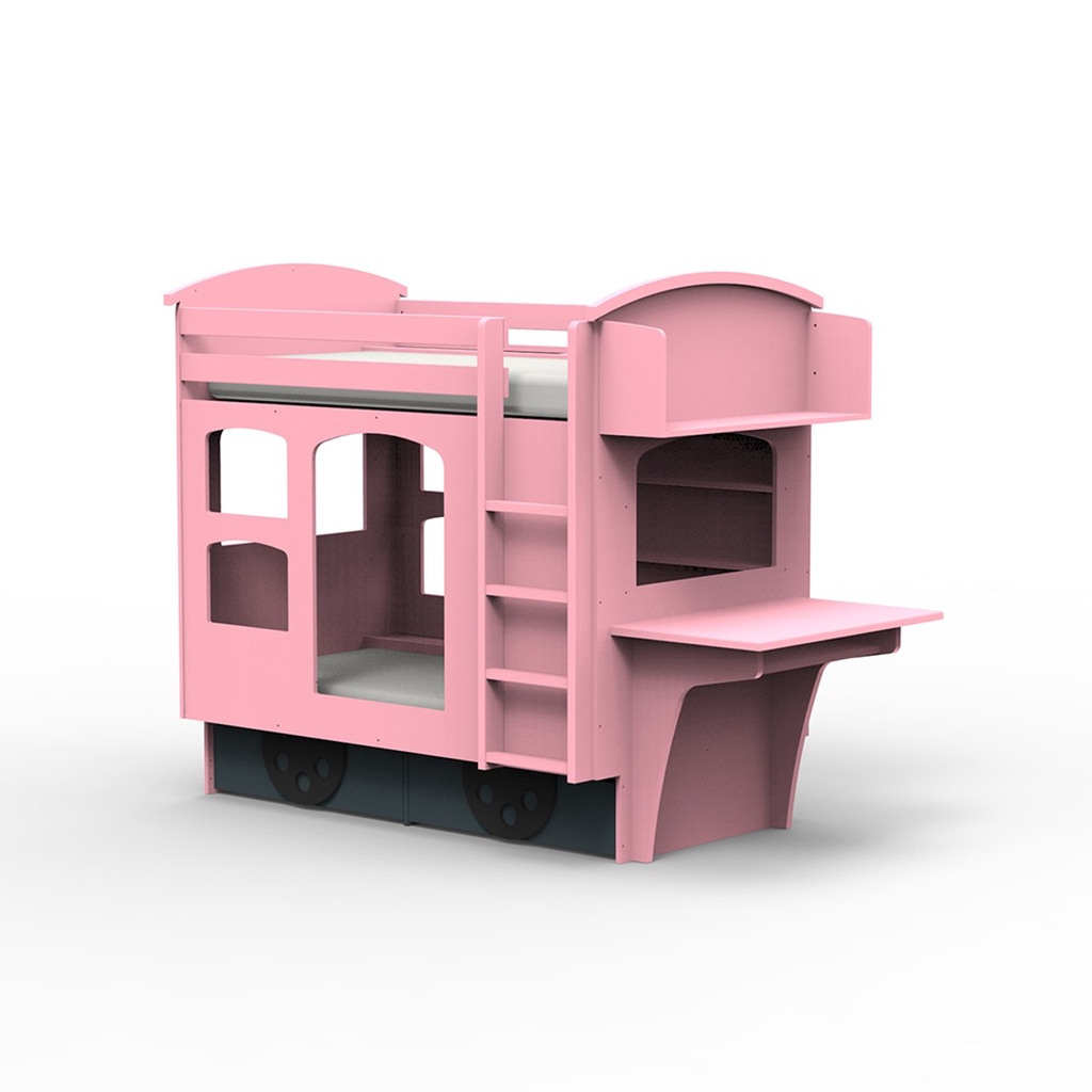 hoi! 比利時Mathy by Bols 四輪車雙層兒童床附層架及書桌 90x190-亮粉色/含安裝運送