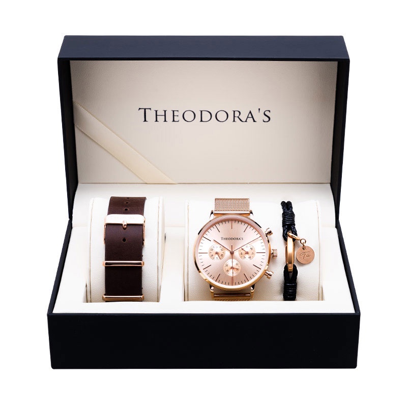 【THEODORA'S】手錶飾品1+2禮盒-女款 Apollo 金屬手錶 三眼粉膚-米蘭玫金【希奧朵拉】