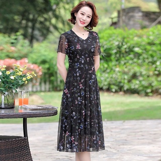 旗袍 彈力網紗夏季新款氣質減齡碎花連身裙短袖媽媽大碼女裝長裙子