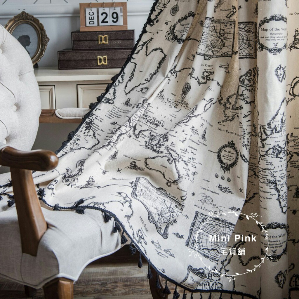 復古地中海風 航海地圖 棉麻布簾 飾黑色流蘇邊窗簾 多種規格 可客製【B636】訂製款