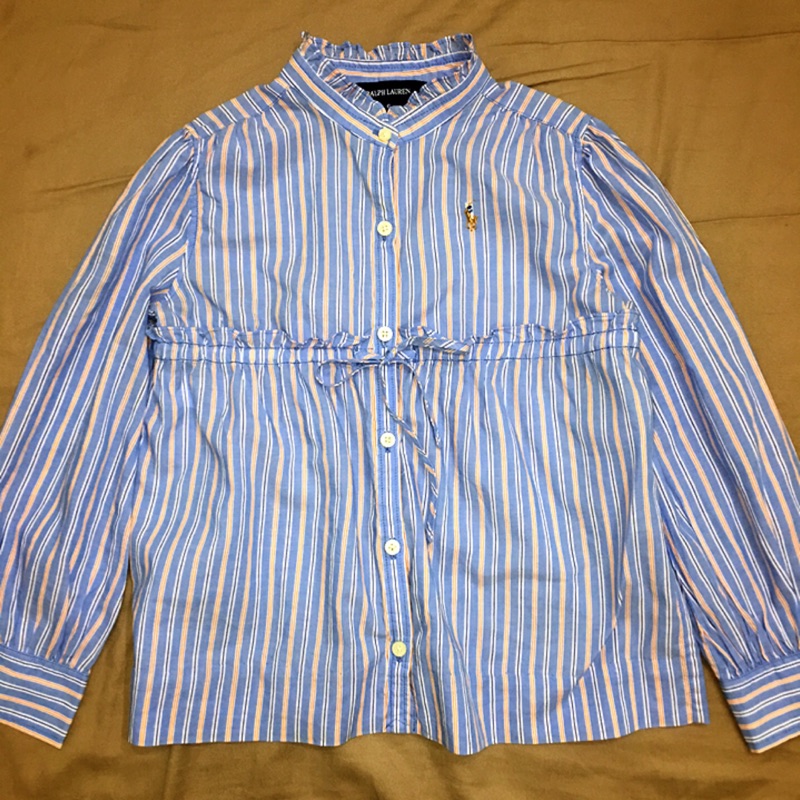 Ralph Lauren Polo 藍色條紋高腰綁帶襯衫 6號