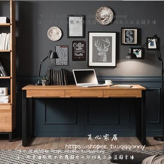 <覓心家居>loft北歐工業風書房書桌實木家用臥室帶抽屜電腦桌原木鐵藝寫字臺