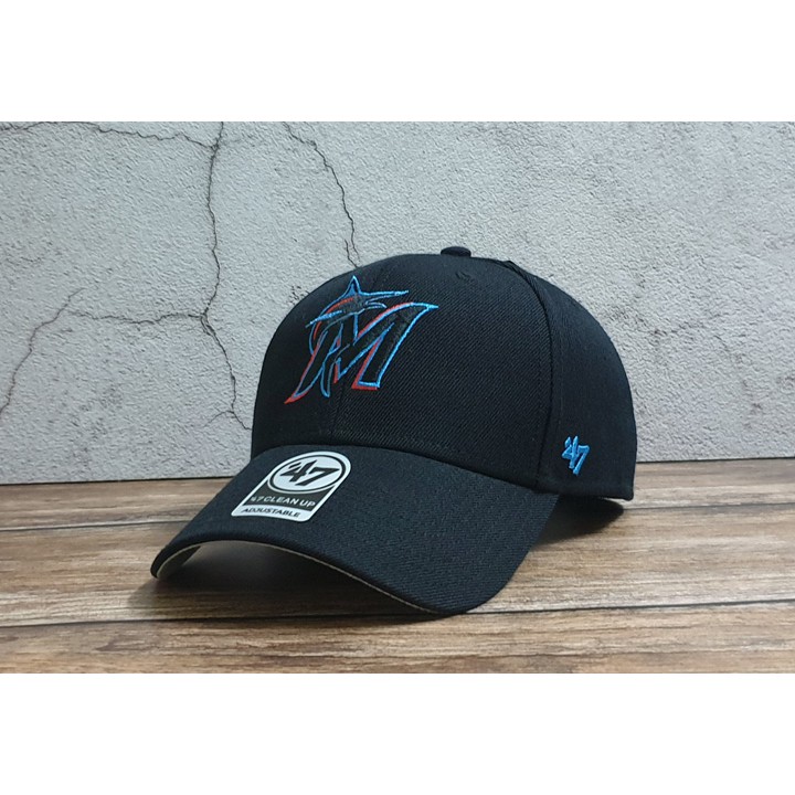 蝦拼殿 47brand  MLB邁阿密馬林魚基本款黑色硬板棒球帽魔鬼氈可調式棒球帽