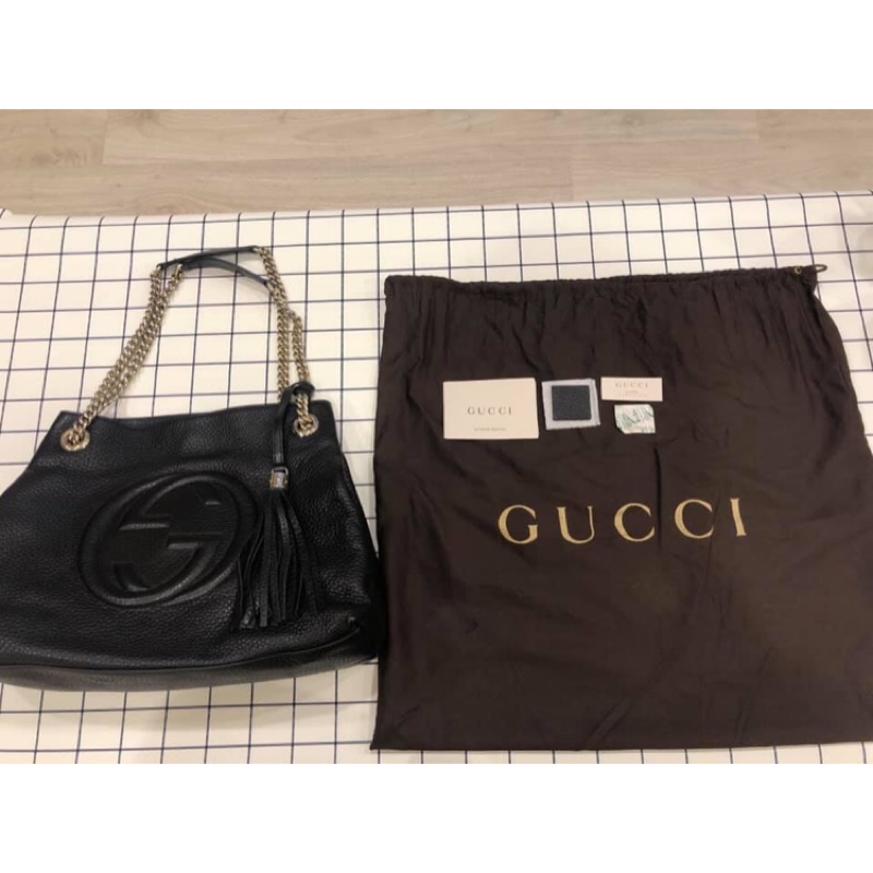 【GUCCI 古馳】536196 SOHO雙G LOGO 流蘇雙鍊手提/肩背包(黑色)