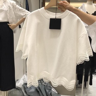 👗現貨好物👗M-4XL大尺碼純棉T恤版新款時髦洋氣純色鏤空蕾絲邊短袖t恤上衣女