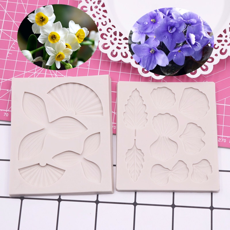 Miao小鋪 矽膠模具水仙花三色堇紫羅蘭花葉子翻糖蛋糕模具樹脂粘土花模具 蝦皮購物