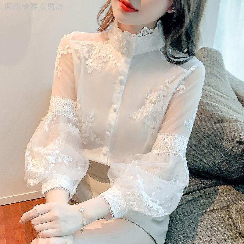 宮廷風刺繡雪紡襯衫女春季2022款超仙氣質蕾絲拼接燈籠袖立領上衣