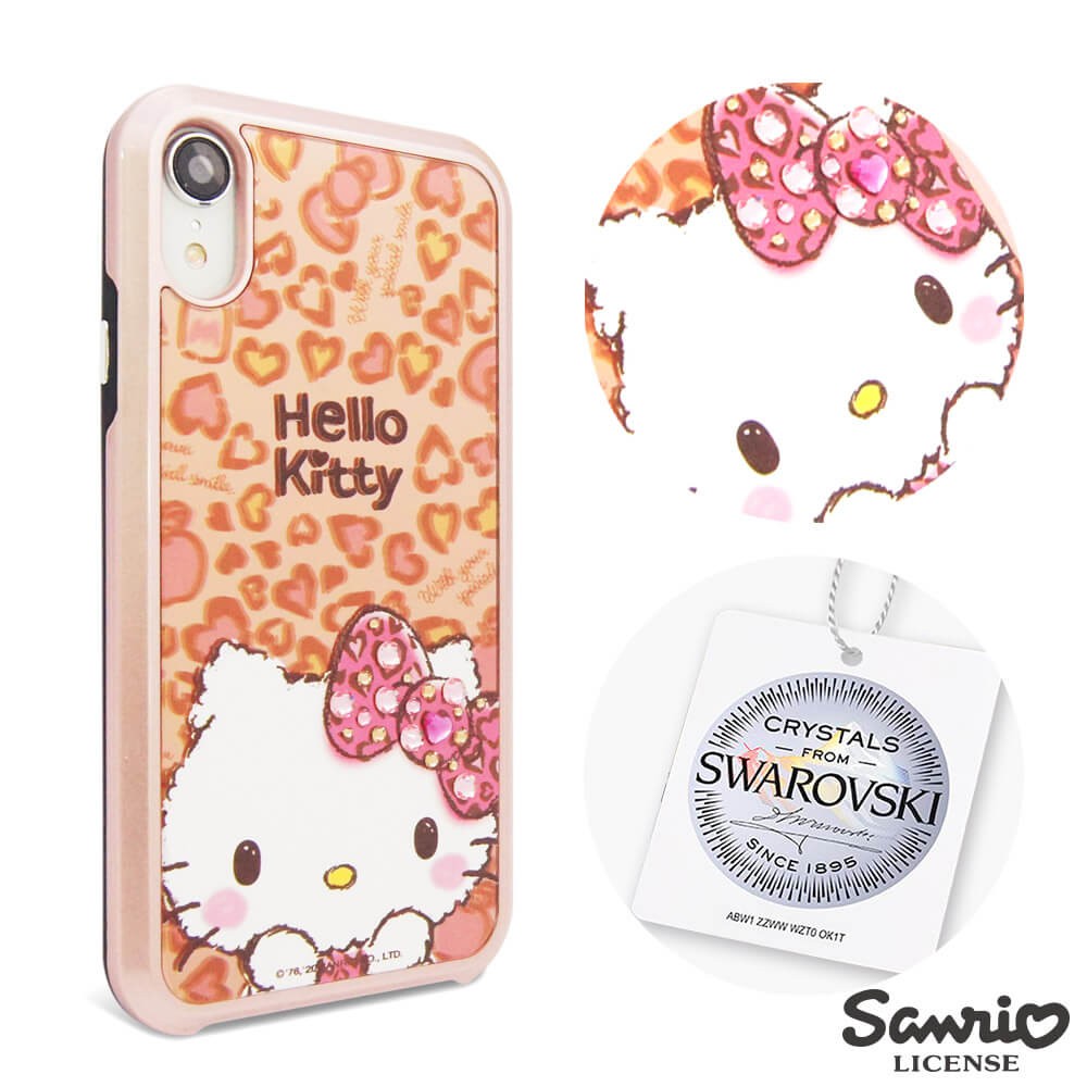 三麗鷗 Kitty iPhone XR 6.1吋施華彩鑽全包鏡面雙料手機殼-豹紋凱蒂