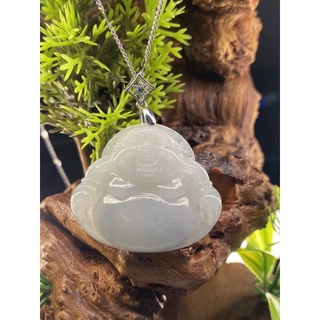 天然緬甸A貨翡翠冰種白冰帶淡淡紫飄綠花大肚肚佛公彌勒佛逍遙佛翡翠玉墜（附珠寶鑑定書）