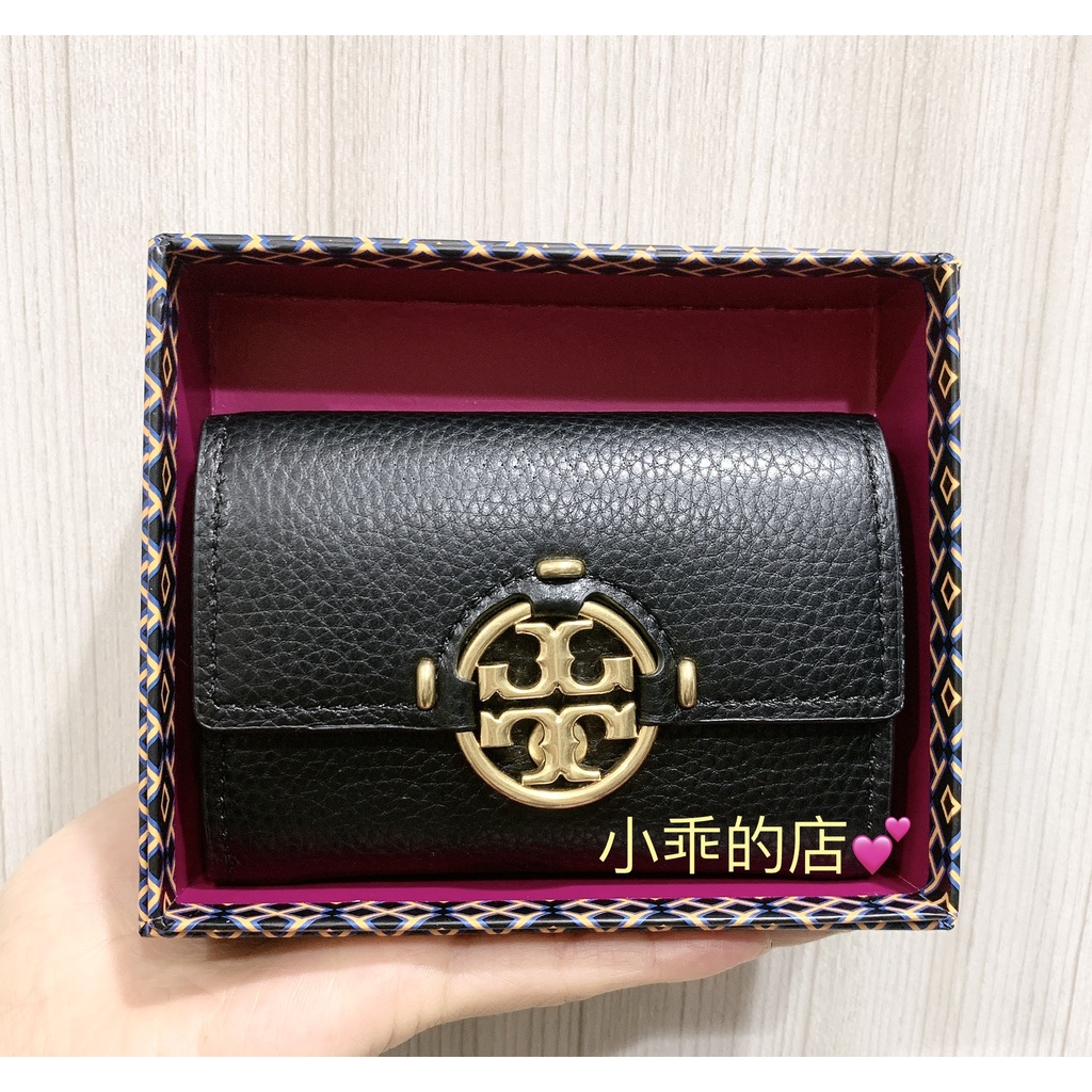 正品實拍💕新款TORY BURCH黑色金釦耐刮小牛皮短夾 內附零錢包
