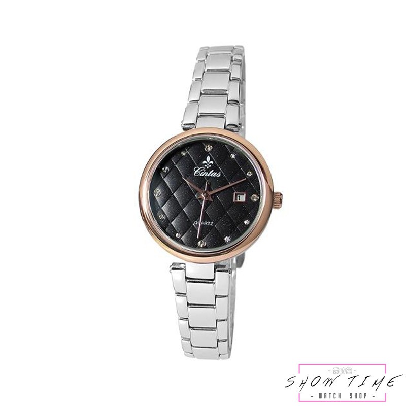 CINTAS 水鑽時刻氣質格紋面盤女腕錶-鋼帶/黑面玫瑰金 3001LSK-1 [ 秀時堂 ]