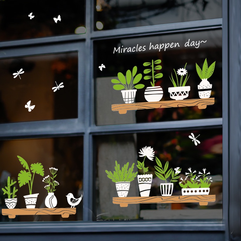 【九九家居】創意小清新植物盆栽裝飾壁貼 店鋪玻璃門貼 窗貼 咖啡廳裝飾牆貼畫 房間裝飾 DIY組合裝飾佈置 卡通壁貼