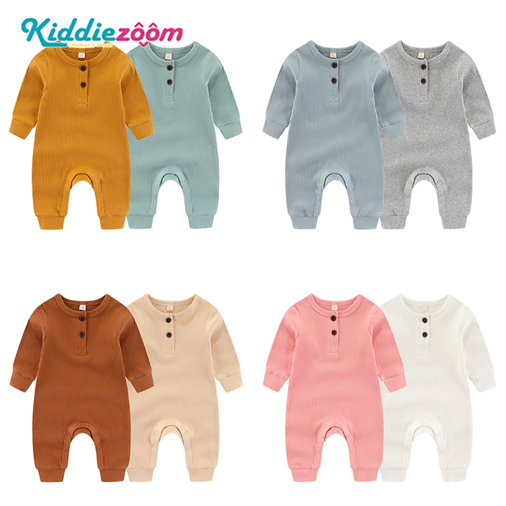 2件/組春秋素色坑條長袖嬰兒連身衣 棉質生兒連身衣 3-24 個月嬰兒衣服