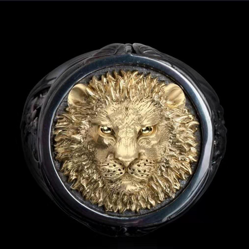 時尚潮流男士鍍金雙色戒指霸氣創意獅子頭飾品
