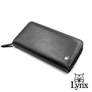 【Lynx】美國山貓細面紋進口牛皮拉鍊長夾 8卡/三鈔位/零錢袋 皮夾錢包-黑色 LY16-2086-99