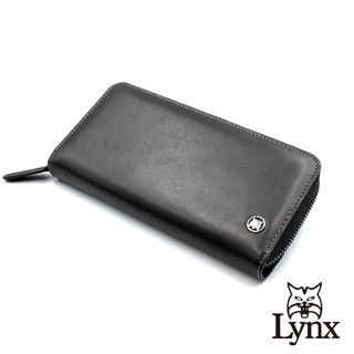 【Lynx】美國山貓細面紋進口牛皮單拉鍊長夾 8卡/三鈔位/零錢袋 皮夾錢包-黑色 LY16-2086-99