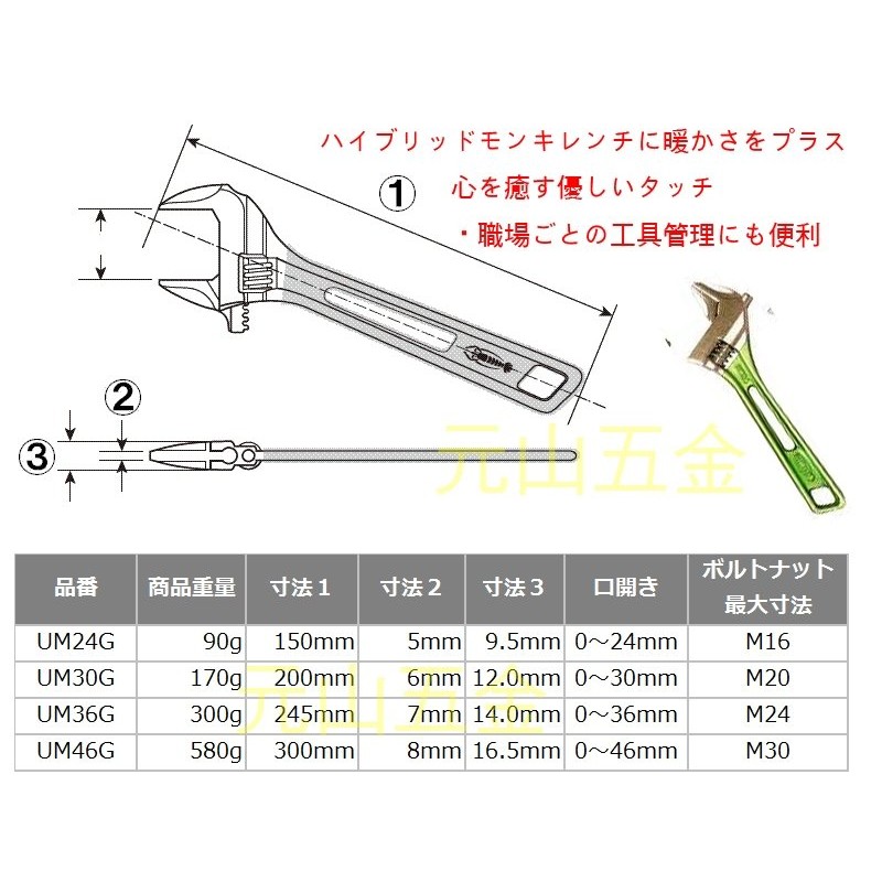 【元山五金】日本製 蝦牌 LOBSTER UM46G 長版大開口活動板手 300mm活動扳手 開口0~46mm