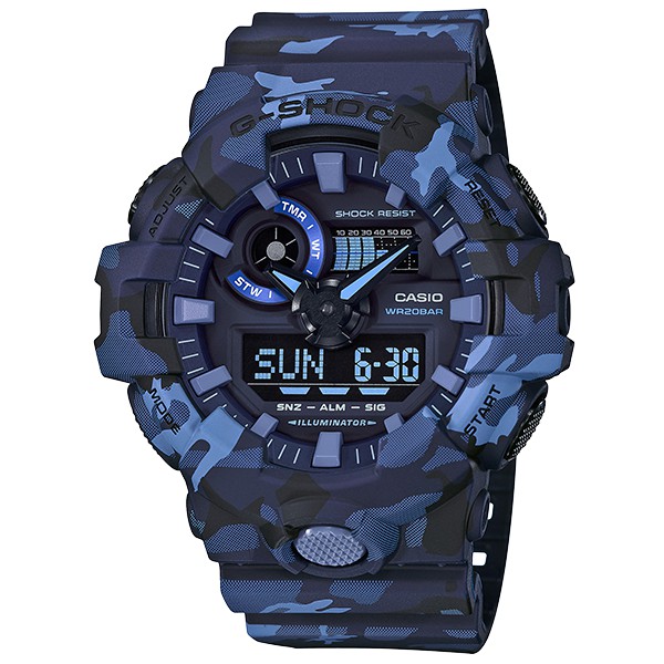 G-SHOCK超人氣迷彩鬧鈴/計時碼錶/LED照明/全自動日曆/防水200米雙顯電子錶（海軍藍）_GA-700CM-2A
