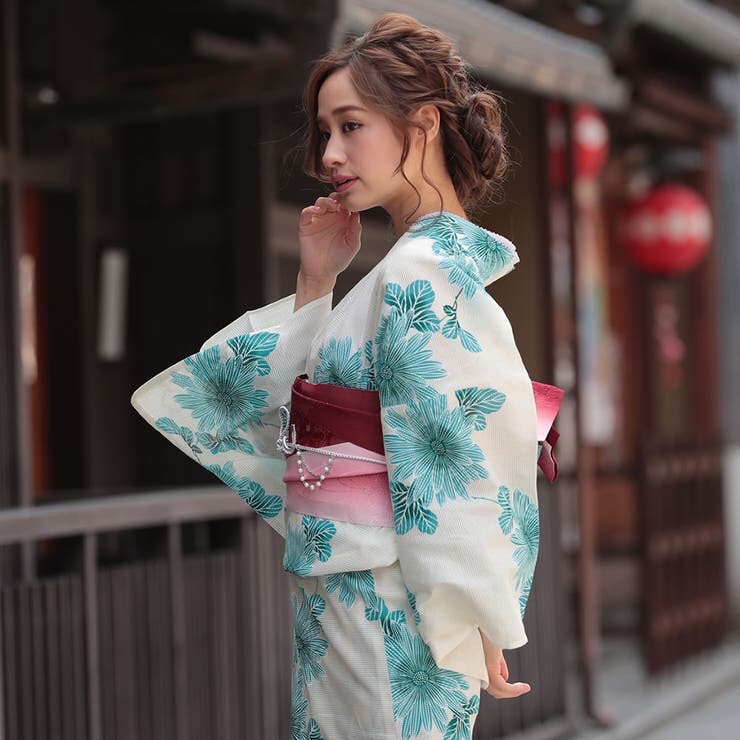 人気ブレゼント! ふりふオリジナル浴衣玉姫 セオα白×赤系地ストライプ