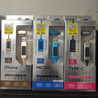 [ SinCyuan iPhone /Micro USB/TYPE-C CABLE ]:LED數位電表 急速充電傳輸線