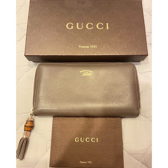 GUCCI 古馳 駝色 牛皮竹節流蘇拉鍊長夾 Bamboo Tassel Wallet