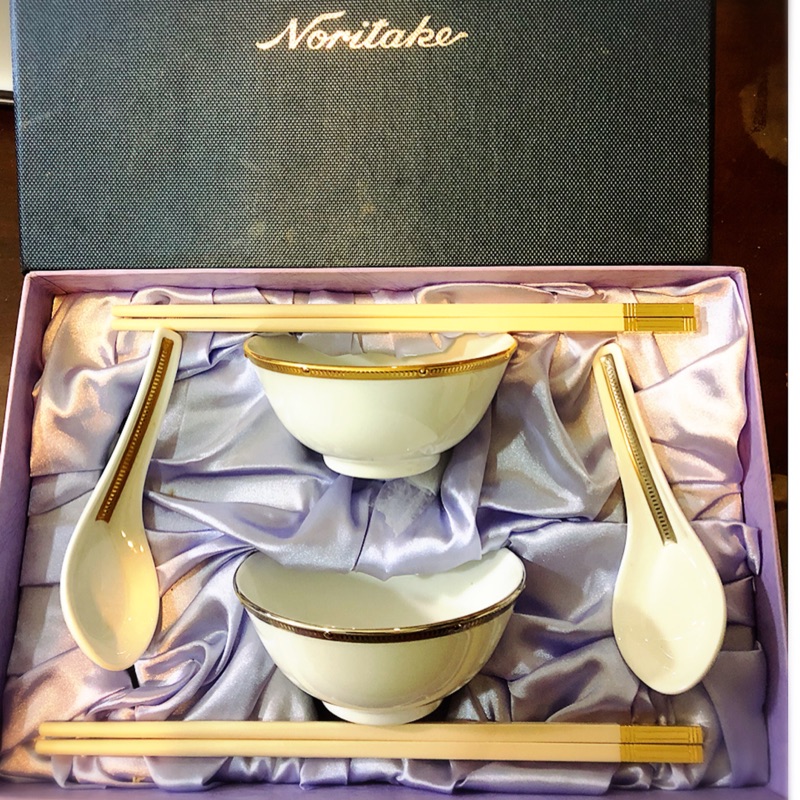 Noritake 旺代 文藝復興金、銀邊骨磁飯碗、匙、筷6件組