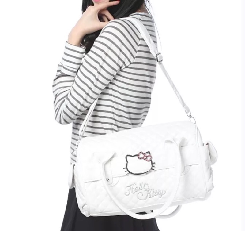 kitty女士單肩斜跨包韓時尚手提格紋包凱蒂貓白色淑女包包