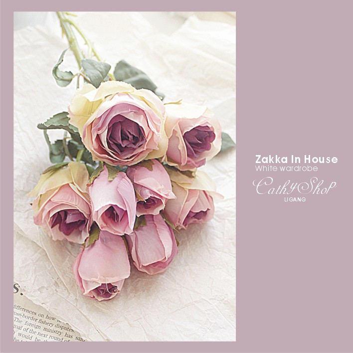Cathy Zakka House 凱希生活雜貨 人造花仿真花 仿乾燥花質感古典色系花瓣多花苞捲邊玫瑰薔薇花束 多色 蝦皮購物