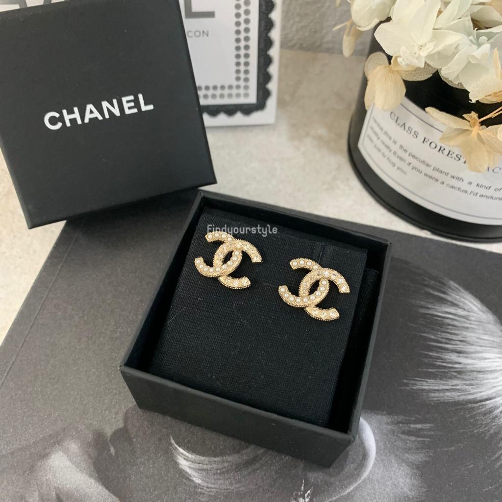 Findyourstyle 正品代購 Chanel 半鑽半珍珠 logo金色耳環