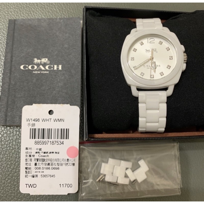 COACH專櫃 陶瓷石英鑽錶.白色抗磨陶瓷女錶32mm錶盤