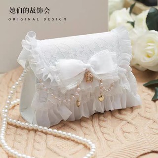預購*lolita 蘿莉塔日系蕾絲珠鍊蝴蝶結溫柔蕾絲少女白色斜揹包 手提包 單肩包 方型包 優雅女包 包包