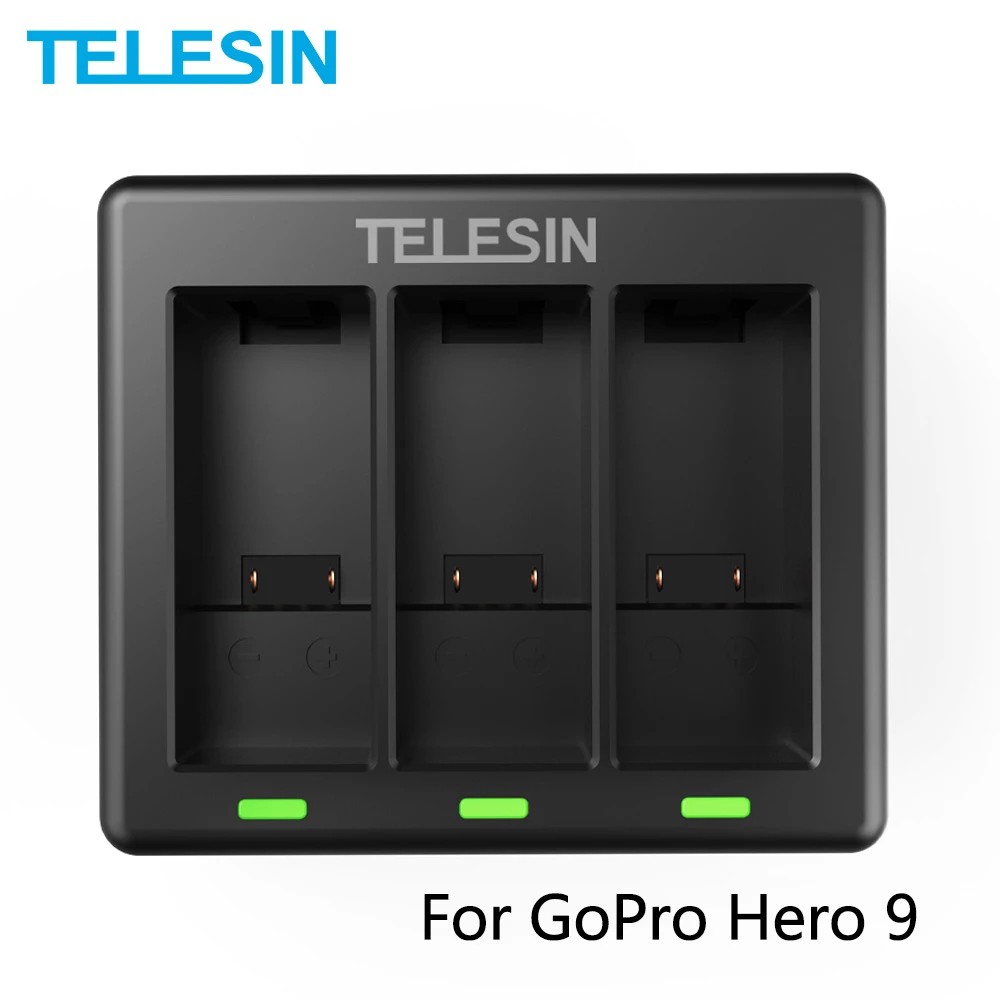 Telesin 3 路電池充電器,帶 LED 燈充電盒,適用於 GoPro Hero 12 11 10 9 黑色運動相機