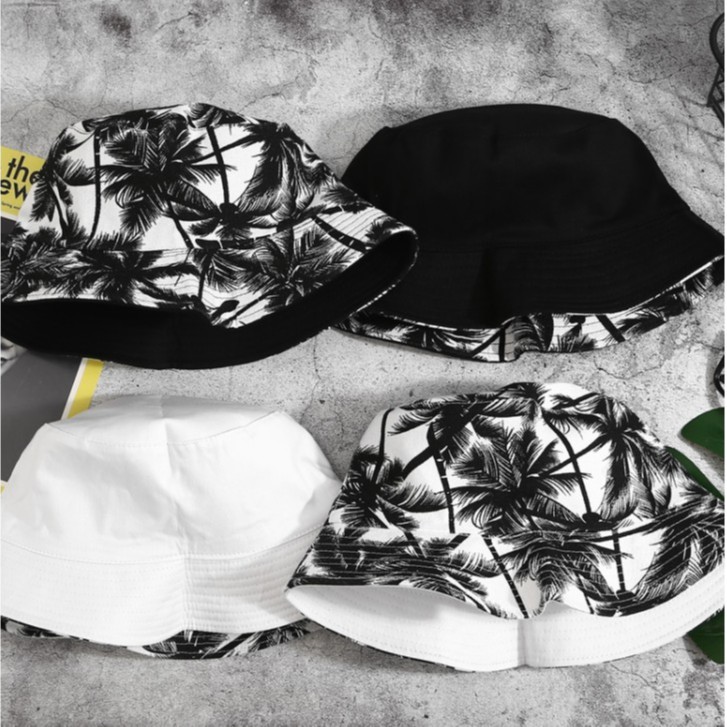 【自已人】(雙面戴)漁夫帽男女潮印花椰樹雙面戴盆帽戶外出遊遮陽帽爆款(椰樹雙面)