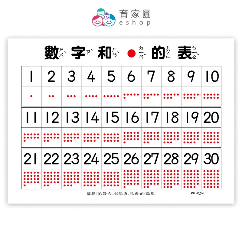 KUMON 數字表 1~30 / 1~100 / 101~300 共3張｜兒童益智教具 幼兒數感啟蒙｜育家圓eshop