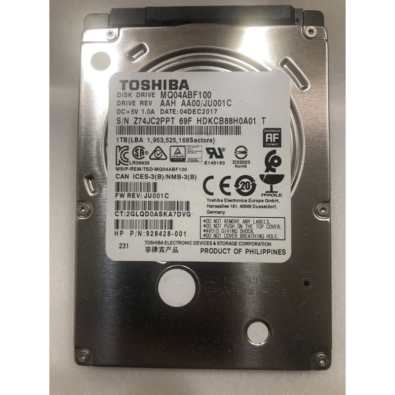 Toshiba 2.5吋 HDD 硬碟 7.0mm拆機極新 1TB 5400rpm