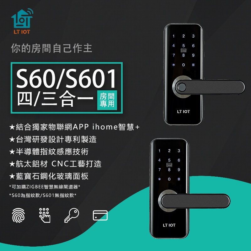【送安裝】聯泰 物聯網 S60/S601 多合1 把手款 房間鎖 電子鎖 台灣製造 原廠保固 智能 防盜 指紋鎖