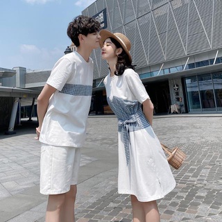 【COUPLE】😘😘情侶裝夏裝小眾設計感夏天ins超火港風T恤法式一衣一裙子