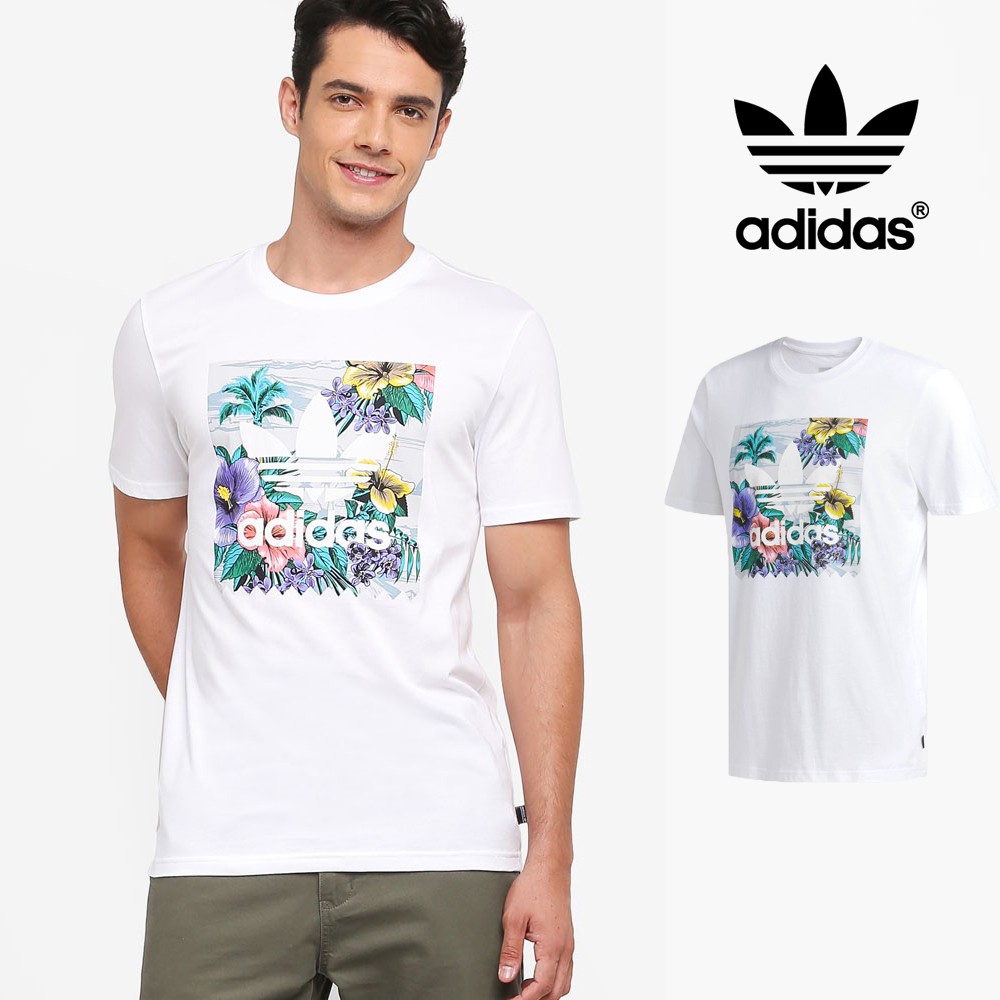 Adidas 白 短袖T恤 運動 休閒 純棉 花卉 短T 基本款 Logo CF5844