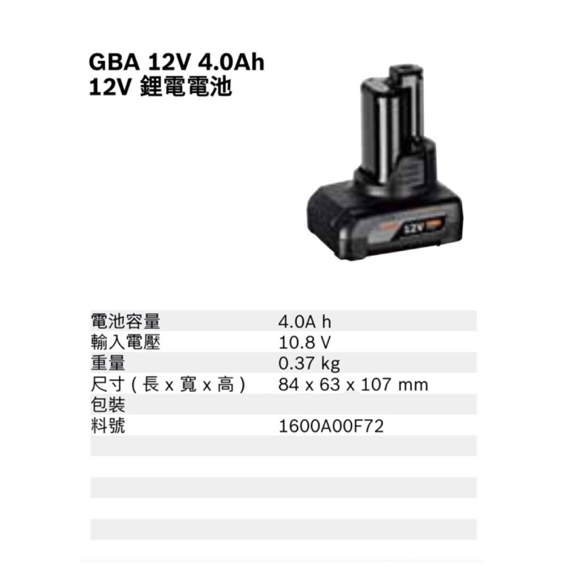 【停產】電池｜Bosch 博世 GBA 12V 4.0Ah 12V鋰電電池 （含稅/附發票） 原廠公司貨