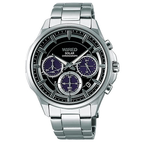WIRED 銀鋼黑面太陽能三眼計時腕錶 43mm AGAD071J VR42-0AA0B 台灣公司貨保固一年