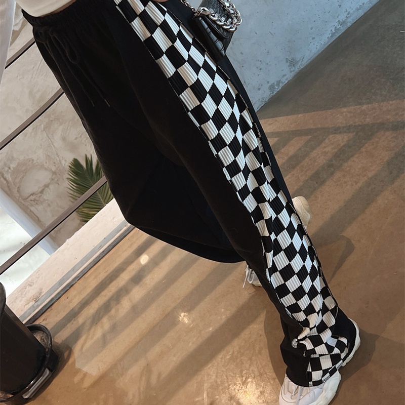 Winni Shop✈️正韓 棋盤格紋綴邊寬褲 🇰🇷 寬褲 休閒褲 鬆緊褲 寬管長褲 長褲 女褲 東大門 韓國代購