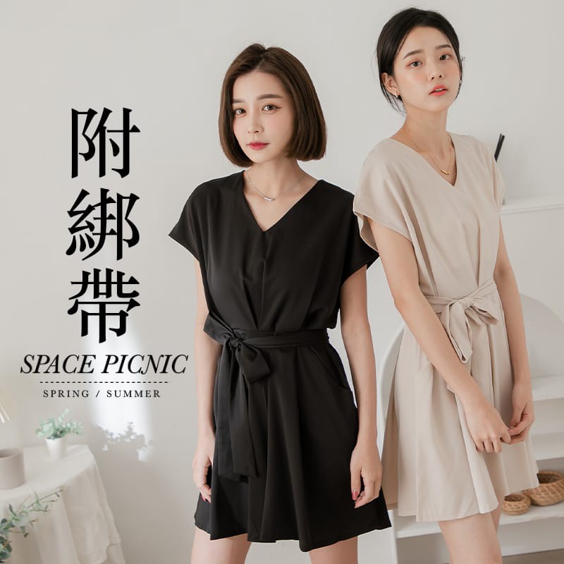 [明天出貨] Space Picnic｜V領無袖連身短褲-附綁帶(現貨)【C21054002】