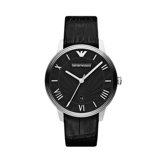 【Emporio Armani】美式經典羅馬時標耀眼真皮腕錶-光芒黑/AR1611/台灣總代理公司貨享兩年保固